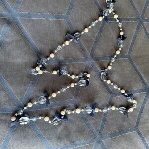 Blue Beaded Long Necklace with Blue Bows